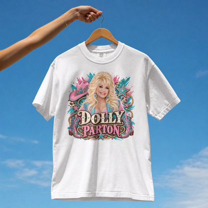 Detalje af motivet på Dolly Parton T-shirt