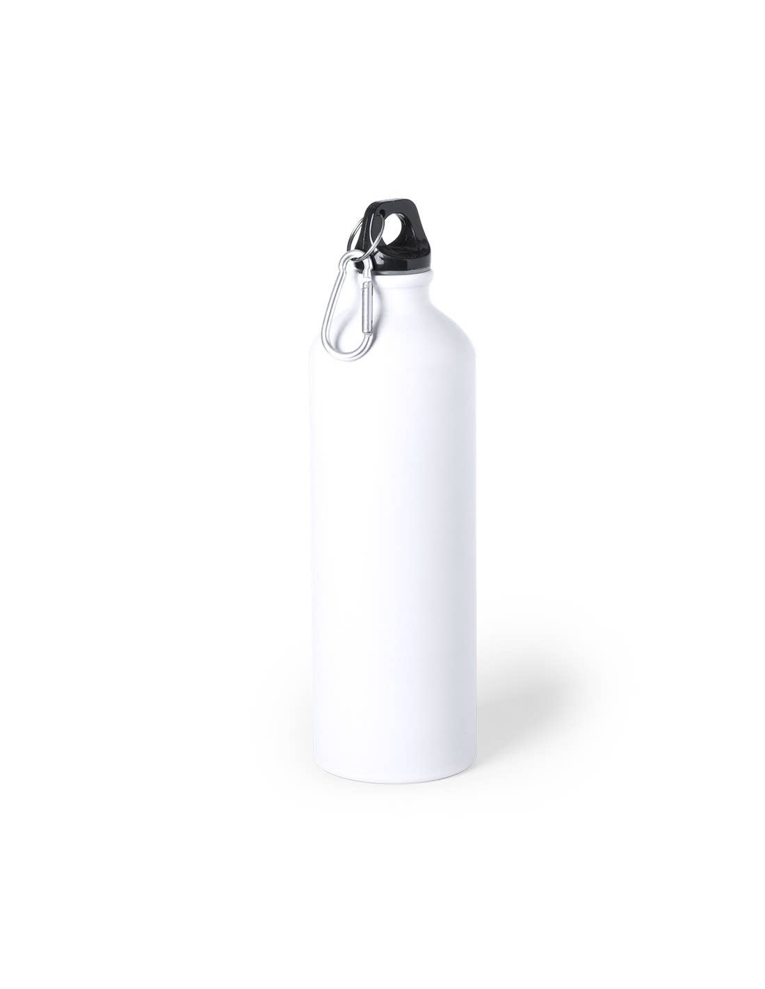 Hvid aluminiumsflaske til sublimation 800 ml med sort låg og karabinhage, perfekt til branding og personlige gaver.